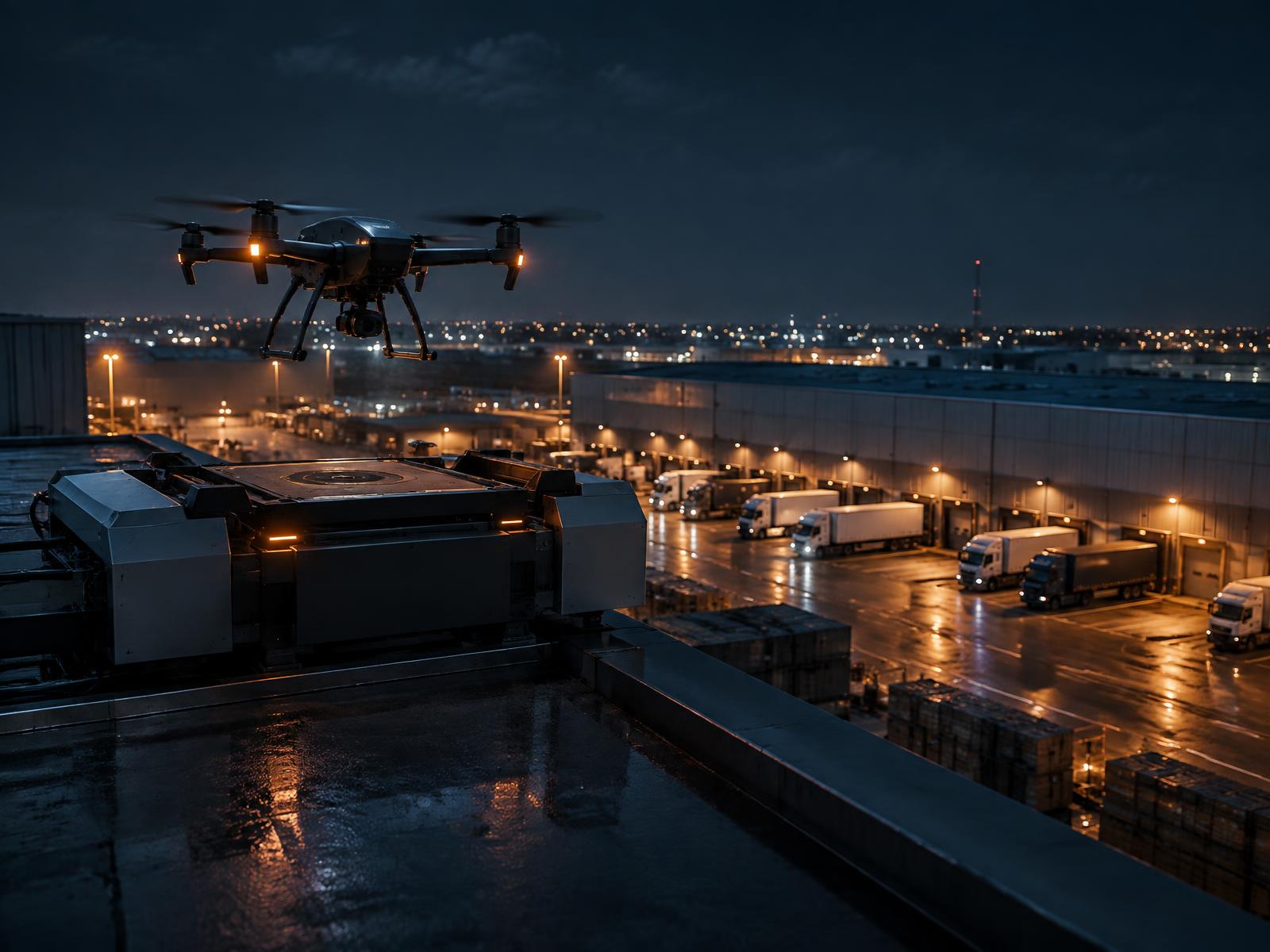 Security drone lifting off from a rooftop dock above a logistics yard at night