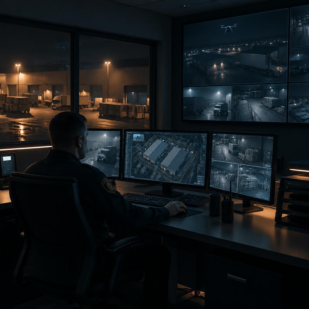 Guard at an operations console monitoring drone feeds